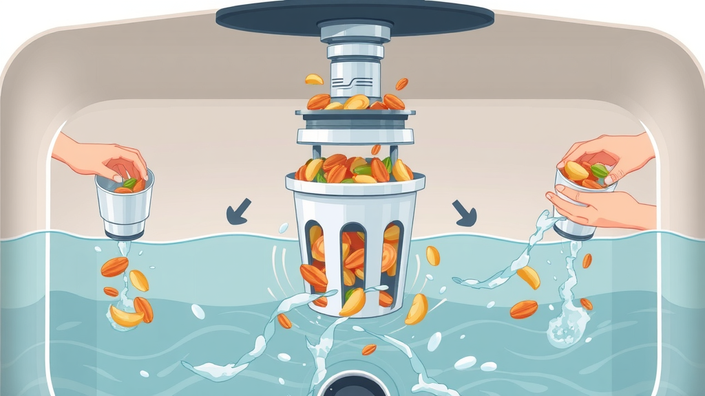Step illustration of garbage disposal operation showing grinding and flushing food waste