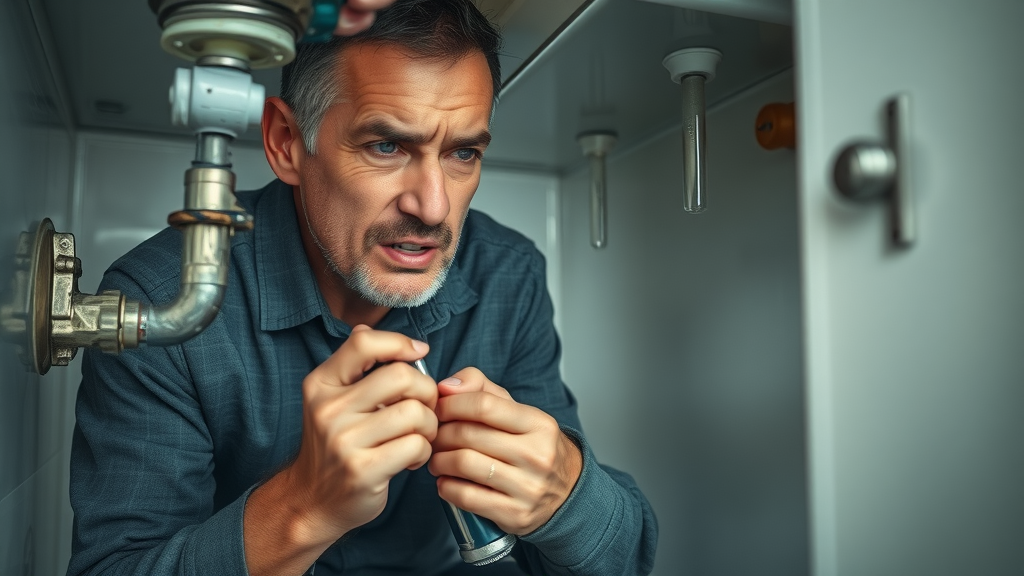 Hands-on repair scene under kitchen sink fixing jammed garbage disposal, detailed and practical