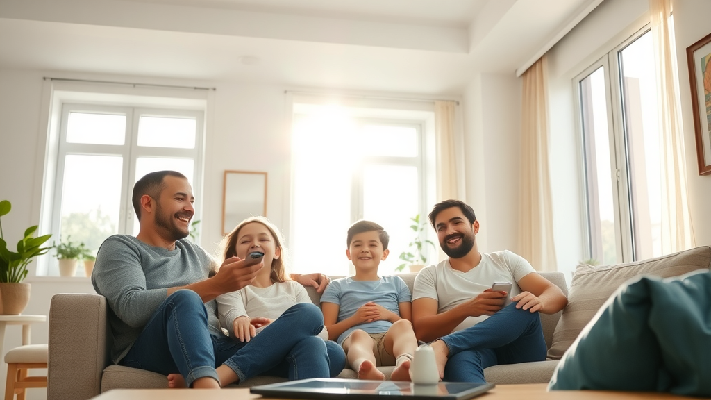 Modern sunlit living room with happy family, swirling clean air, visible HVAC vents and dust motes, photorealistic, duct cleaning benefits