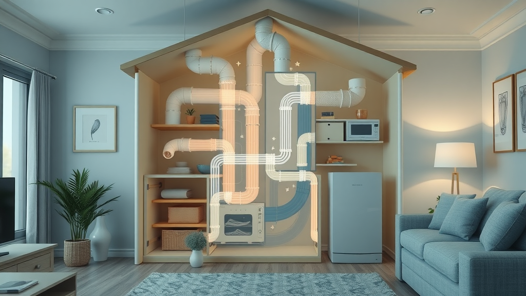 Cutaway HVAC system in house, air ducts highlighted, flow of clean air post duct cleaning