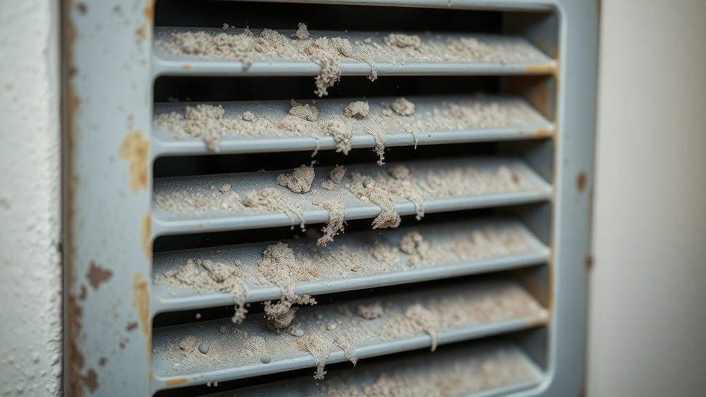 Close-up dusty HVAC vent, dust particles, proof of dirty air ducts
