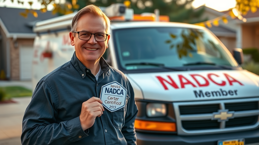 Certified duct cleaner, NADCA badge, beside service van, proof of professional duct cleaning qualifications