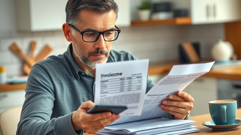 Homeowner reviews stack of invoices for air duct cleaning services, calculator and coffee, cost assessment
