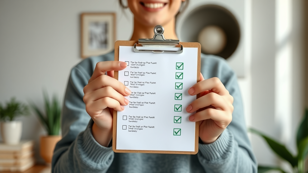 Duct cleaning checklist in stylish home, clean hands checking off tasks, bright vent in the background