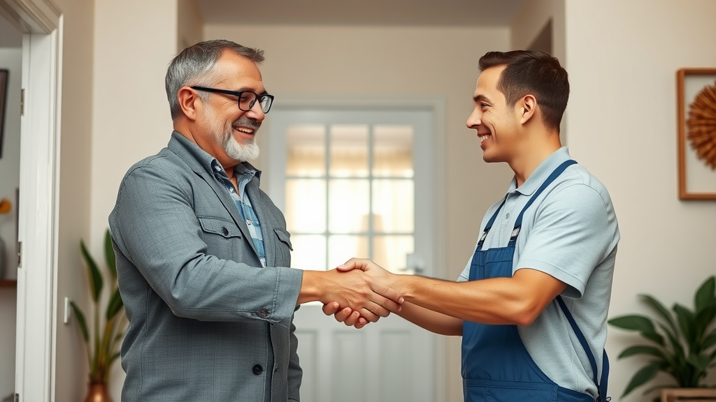Satisfied homeowner shaking hands with duct cleaning technician, completed professional air duct cleaning