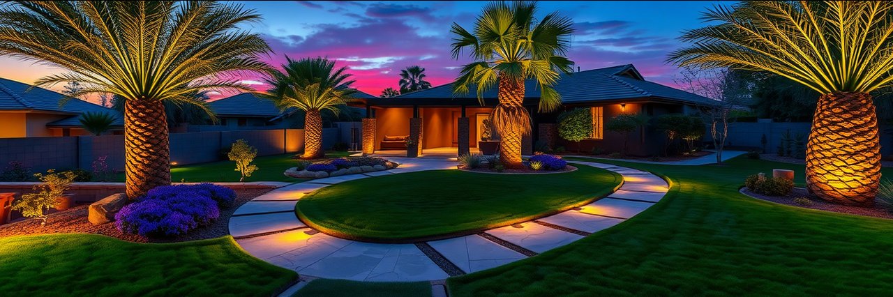 Expert outdoor landscape lighting near me in Gilbert, AZ highlights a lush, welcoming backyard at dusk.