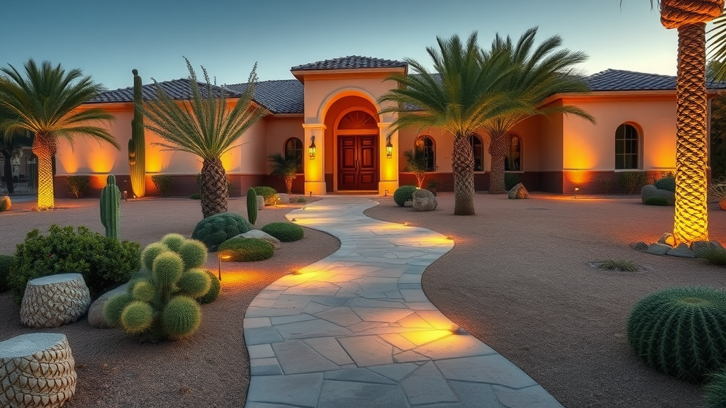 Warmly lit desert home with outdoor landscape lighting in Gilbert, AZ
