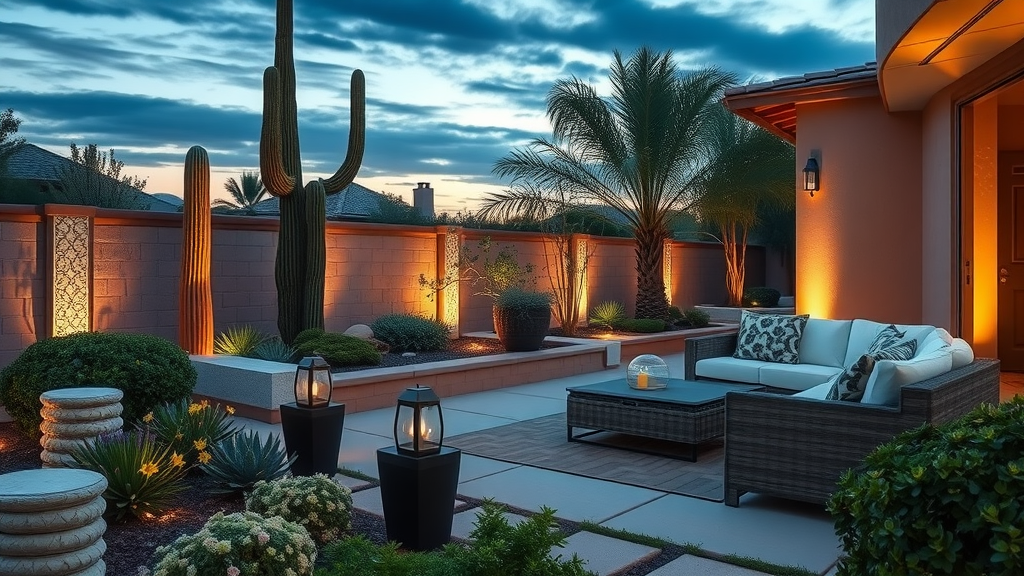 Modern Gilbert AZ backyard with outdoor landscape lighting at dusk