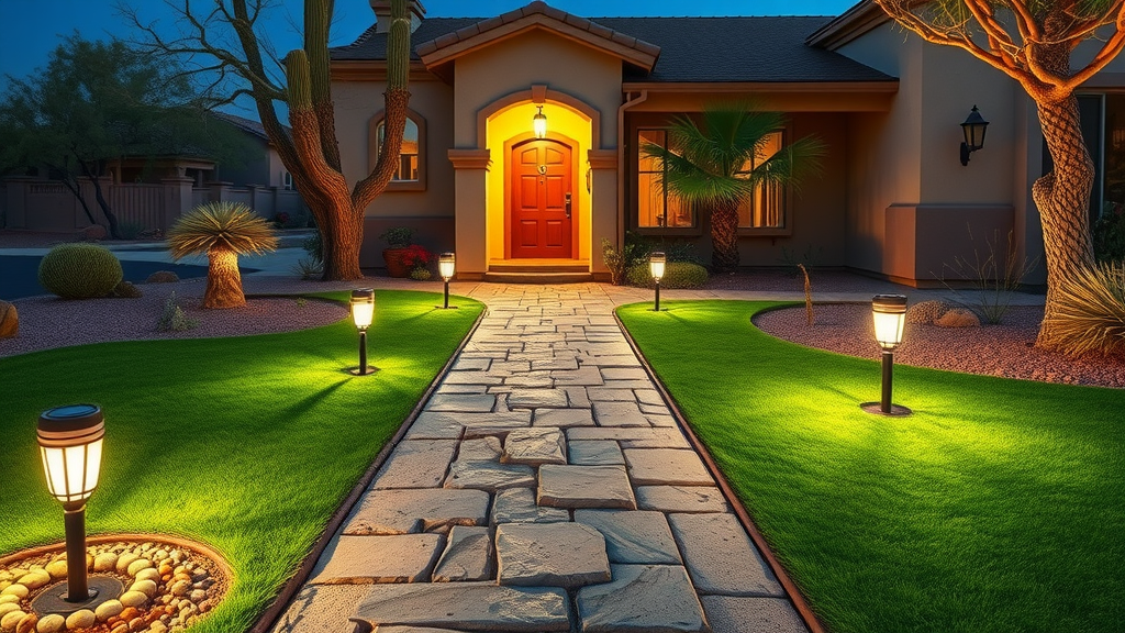 Gilbert AZ home entrance beautifully lit by outdoor landscape lighting