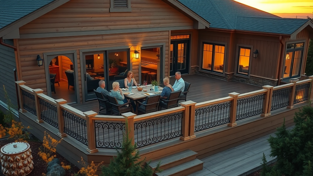 Custom deck design near Evergreen, CO with sunset views and group gathering
