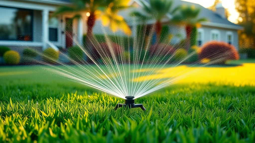 Lush Greeley lawn with modern sprinkler spraying under golden hour sunlight.
