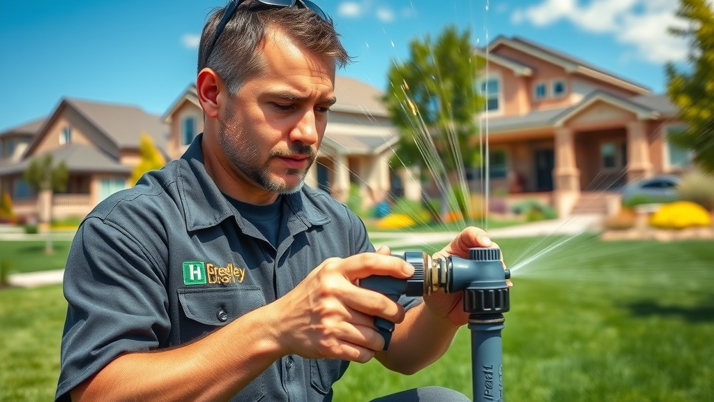 Expert sprinkler technician inspecting system in Greeley, Colorado lawn.