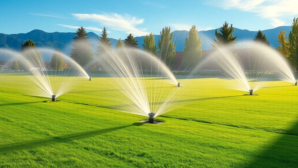 Commercial property with active sprinkler system and Rocky Mountains in Greeley.
