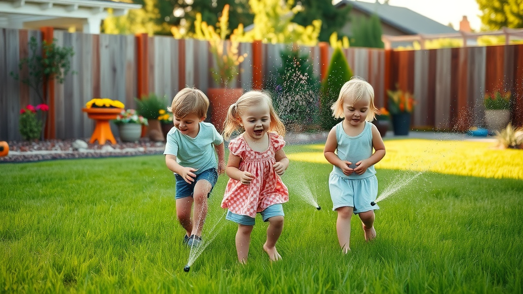 Happy family enjoying backyard as sprinklers water green Greeley lawn.