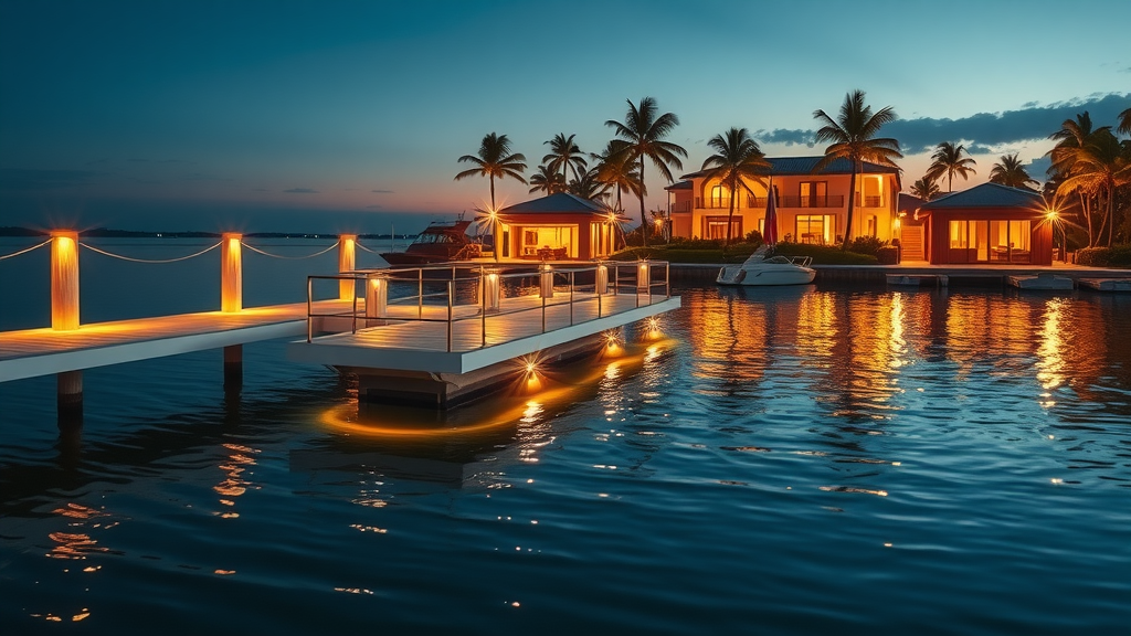 Warmly lit modern boat dock in Jacksonville Beach, FL at twilight, waterfront safety.
