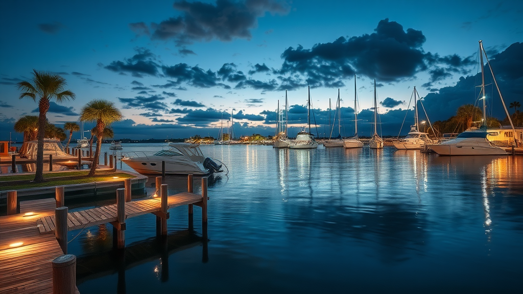 LED-lit boat dock at night in Jacksonville Beach FL, safe and beautiful waterfront.