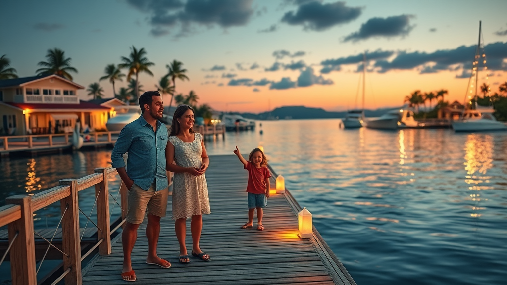 Family enjoying safe, well-lit boat dock at Jacksonville Beach FL by the water.