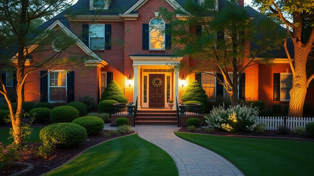 Elegant Charlotte home with outdoor lighting illuminating landscape and pathways