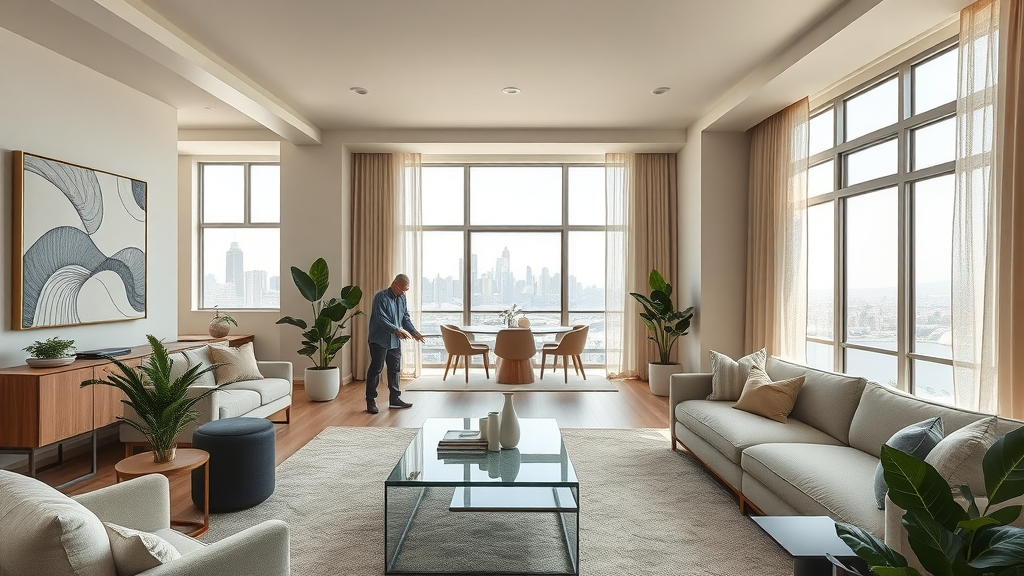 Expert designer finishing touches in remodeled San Francisco living room