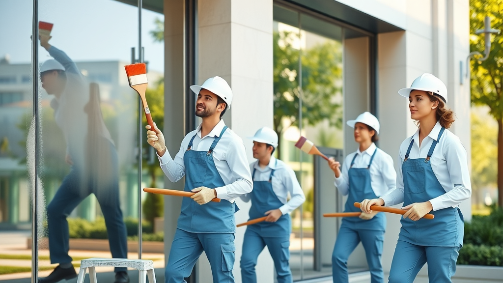 Professional painters working on a modern commercial building exterior