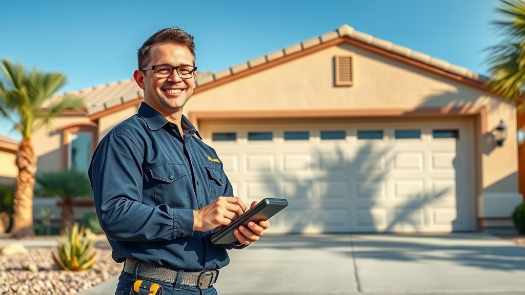 Technician repairing modern garage door in Gilbert AZ, bright and reliable service