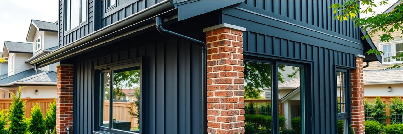 Contemporary home with seamless gutter installation on dark siding, modern exterior.