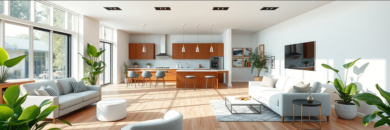 Full home remodeling with modern open-plan living room and kitchen