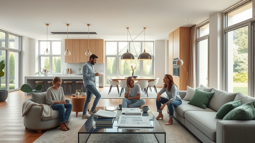 Modern open-plan living area with family and designer discussing a full home remodeling project