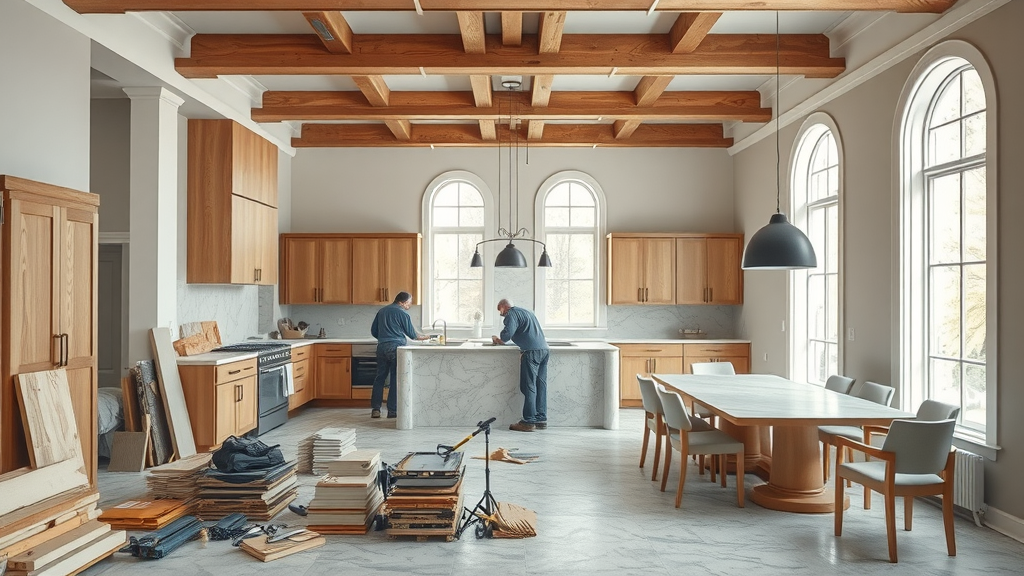 Contemporary kitchen and dining area mid-renovation for a full home remodeling project
