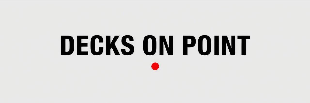 Minimalist DECKS ON POINT logo for custom deck building on gray background
