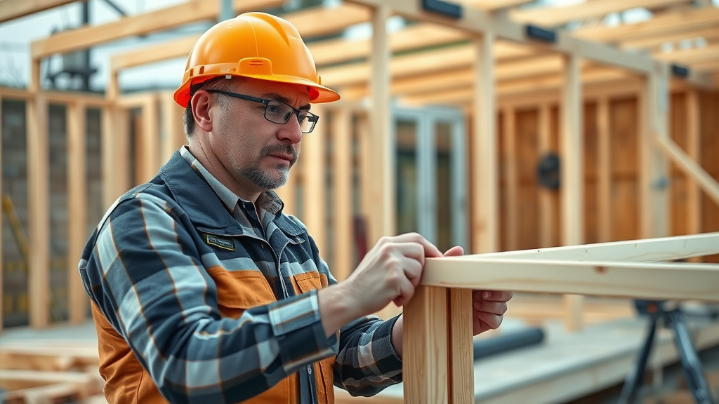 Custom deck building expert checking sturdy new deck frame for quality