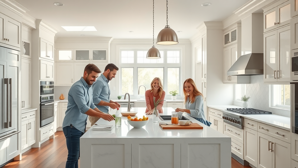 Modern open kitchen renovation with family enjoying custom features