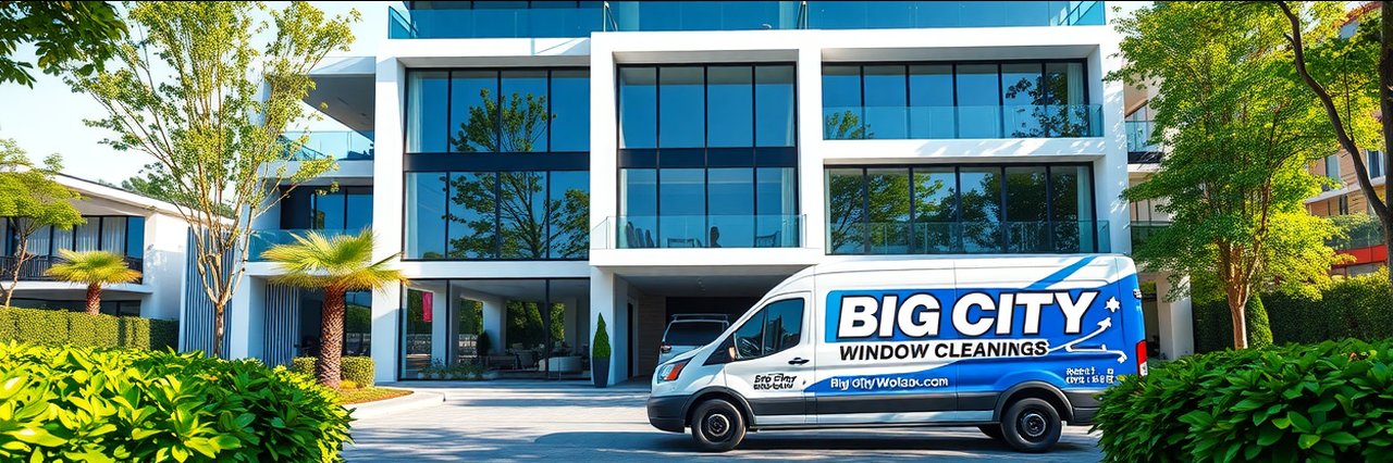 Licensed insured cleaners van at modern home, big windows and greenery outdoors