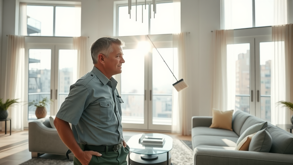 Licensed insured cleaner providing safe window cleaning in luxury home interior