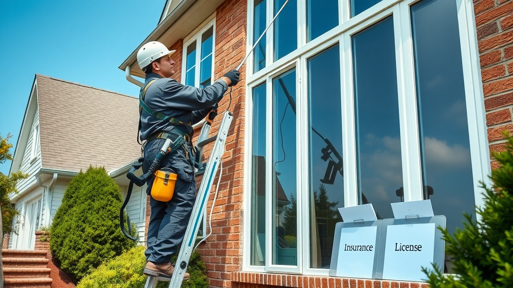 Insured licensed cleaner safely cleaning high windows of a well-kept home