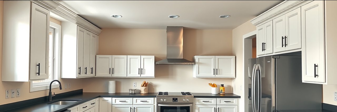 Modern kitchen with white cabinets and countertop by cabinet refinishing services.