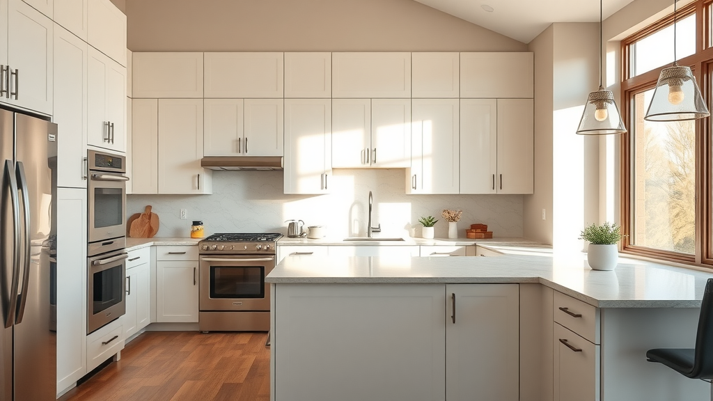 Modern kitchen with refinished cabinets showcases cabinet refinishing services results