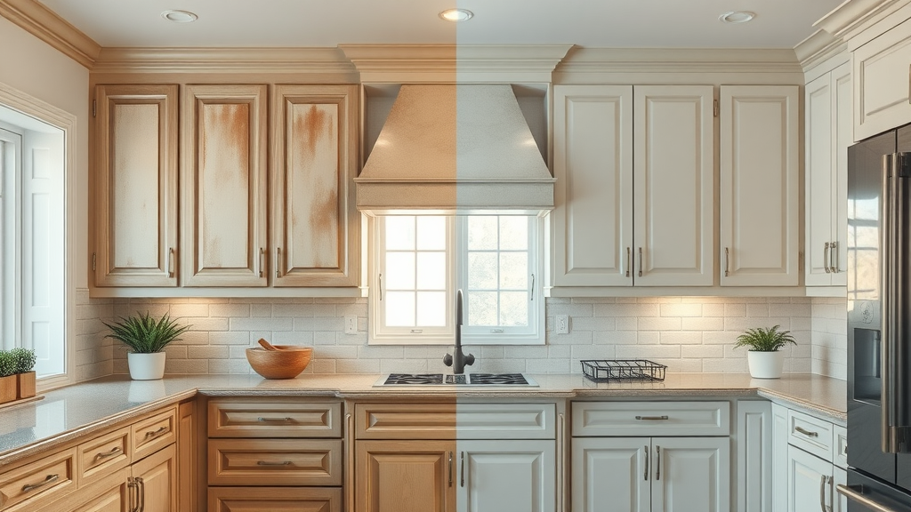 Dramatic before-after of kitchen cabinets emphasizes cabinet refinishing services