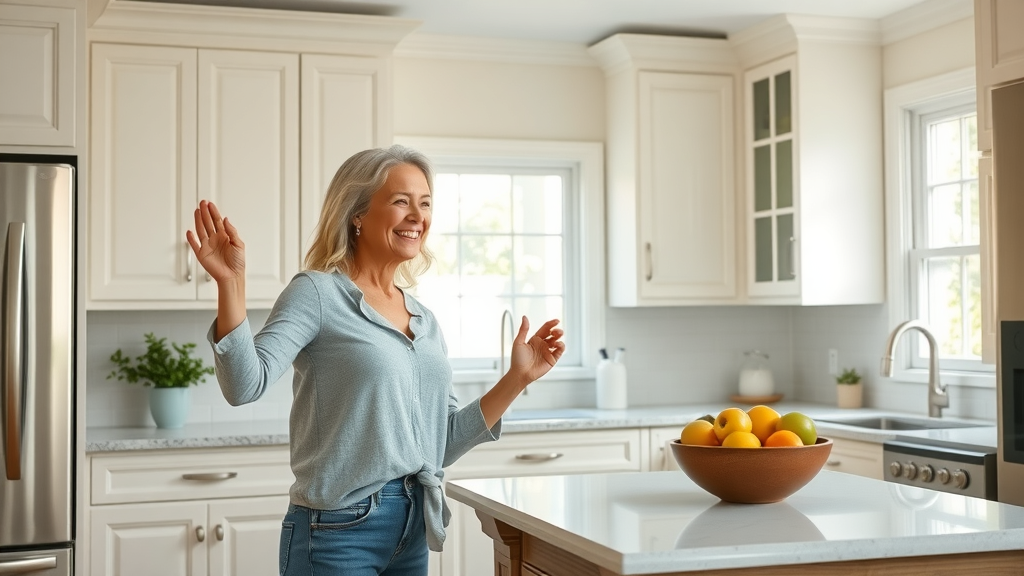 Homeowner admires kitchen transformation from cabinet refinishing services