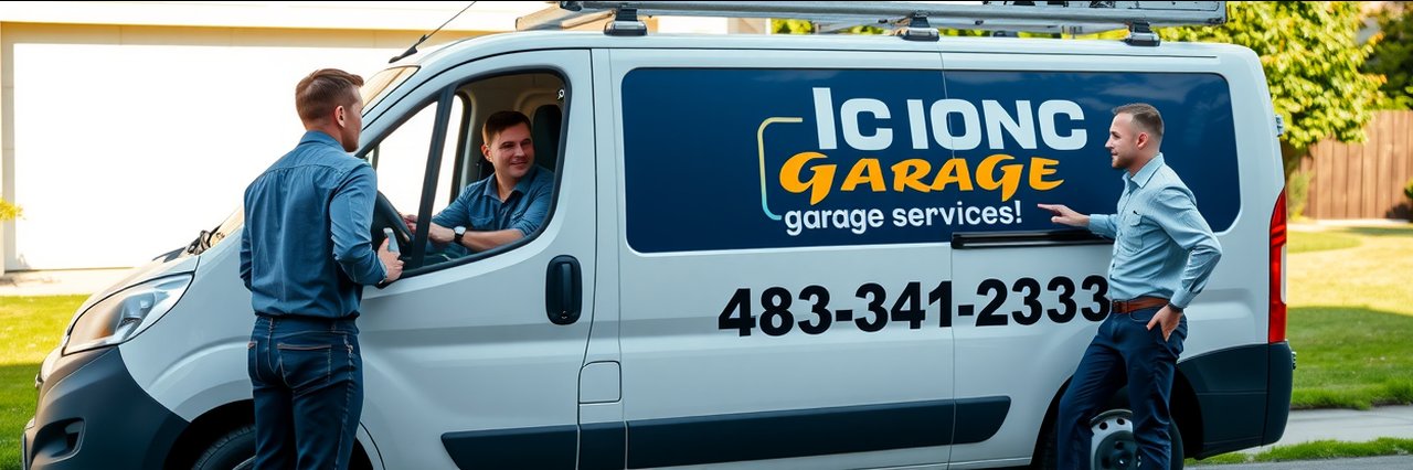 Iconic Garage Door Services van and technicians in Queen Creek AZ discussing installation.