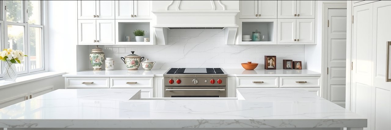 Elegant white kitchen featuring quartz countertops installation in Fairfax, VA.