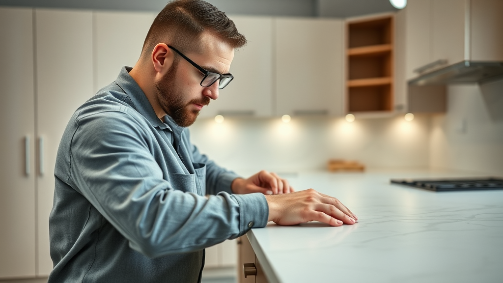 Skilled installer fitting quartz countertop in Fairfax, VA kitchen remodel