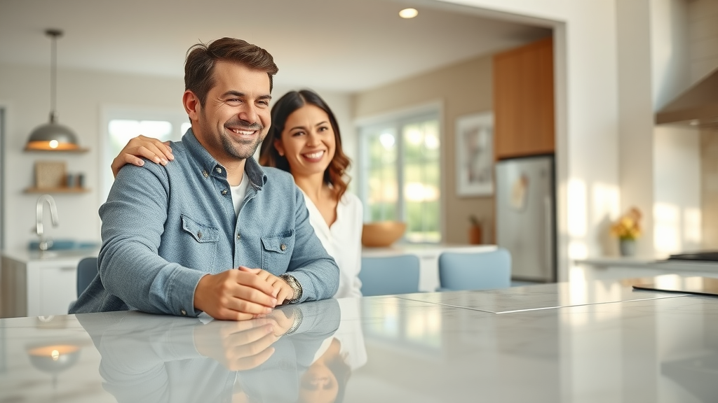 Happy homeowners enjoy quartz countertops installation in Fairfax, VA kitchen