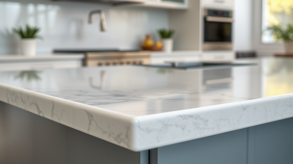 Detailed close-up of quartz countertop edge in Fairfax, VA installed kitchen