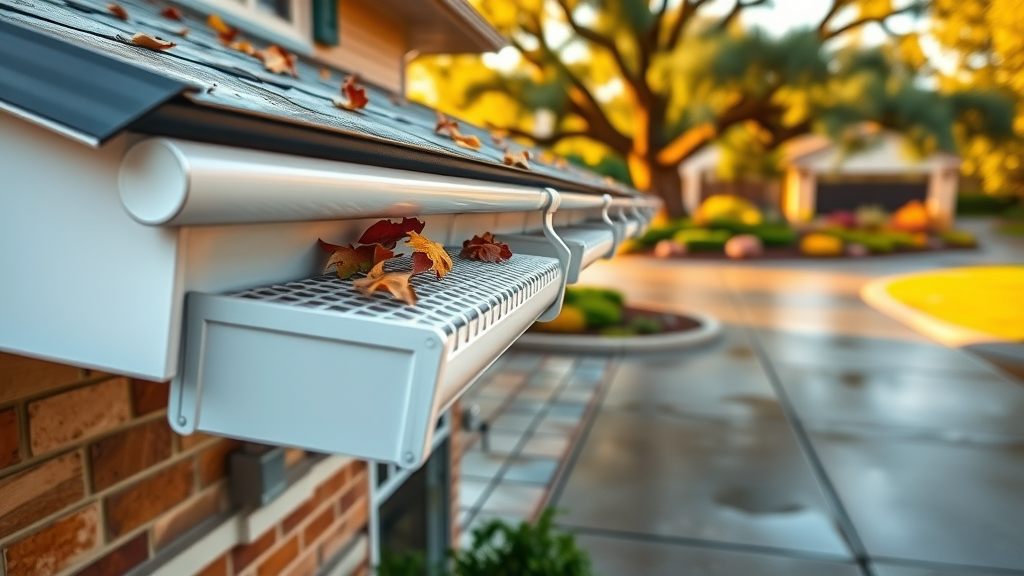 Freshly installed gutters with guards on a Jacksonville, FL home after rain.