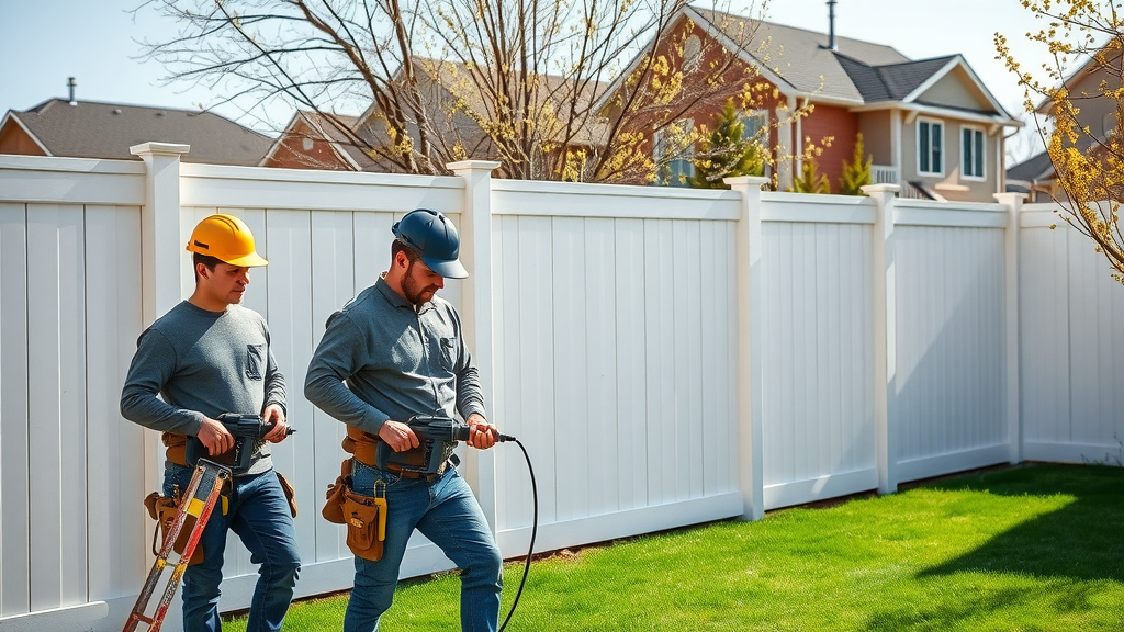 Denver experts installing white vinyl privacy fence in spring residential area