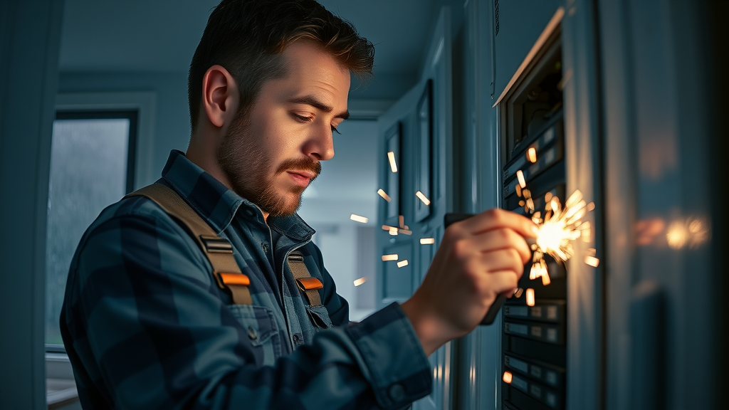 Electrician providing urgent 24/7 electrical repair in Houston, TX at night.