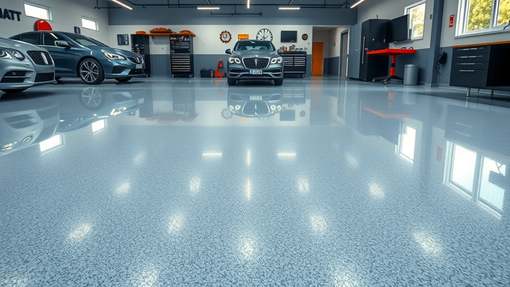 Modern garage with high-gloss epoxy floor coating reflecting cars and tools.