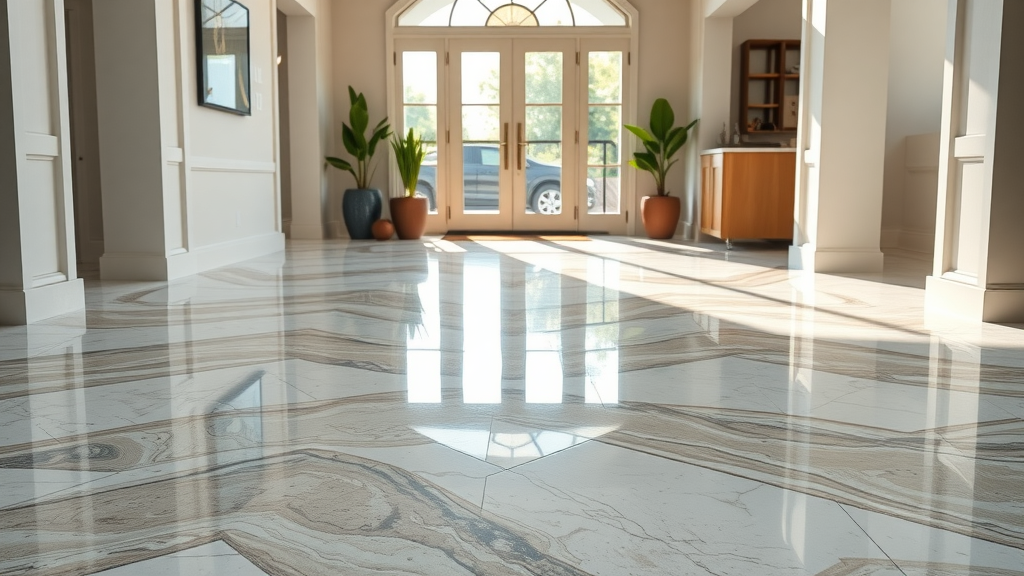 Contemporary entryway with durable decorative epoxy flake floor system.