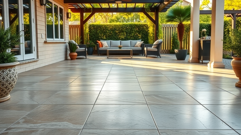 Outdoor patio with slip-resistant epoxy floor coating and garden backdrop.